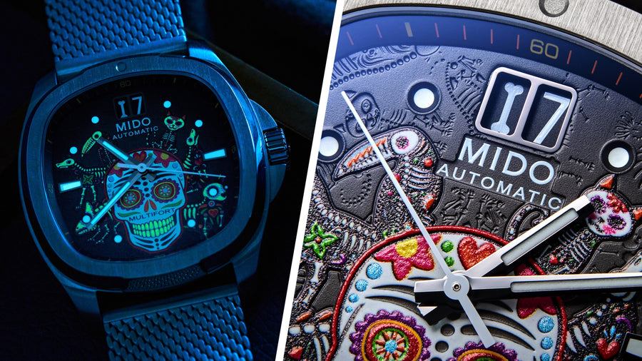 Split view of two MIDO watches: a blue skull themed dial on the left and a detailed engraved face with the MIDO logo on the right