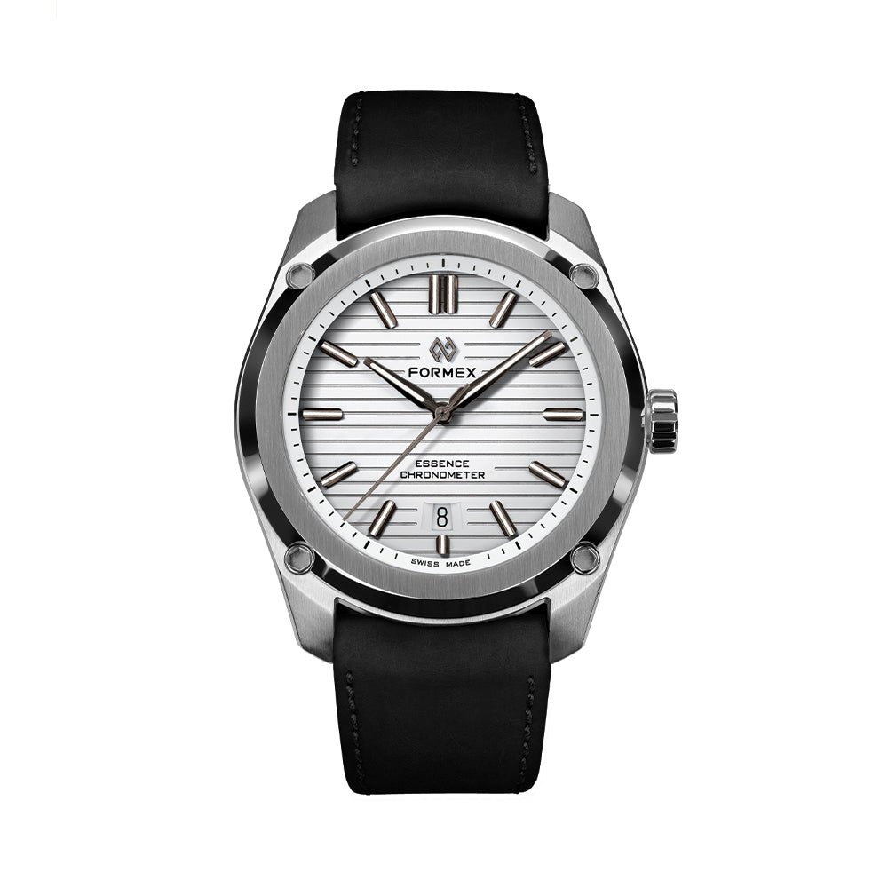 Essence 41mm white dial watch with black leather strap