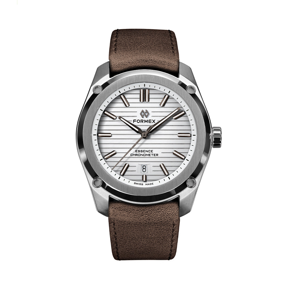 Essence 41mm watch with white dial and brown leather strap