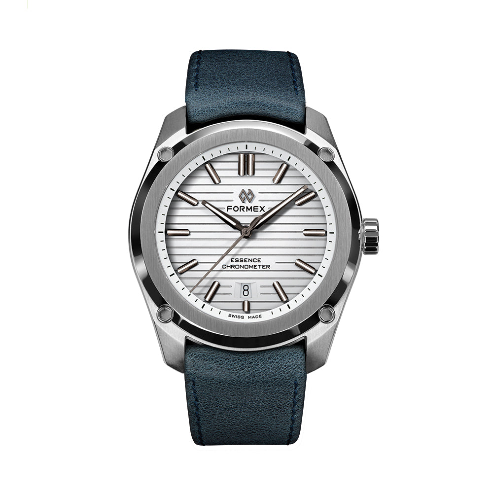 Essence 41mm white dial watch with blue leather strap