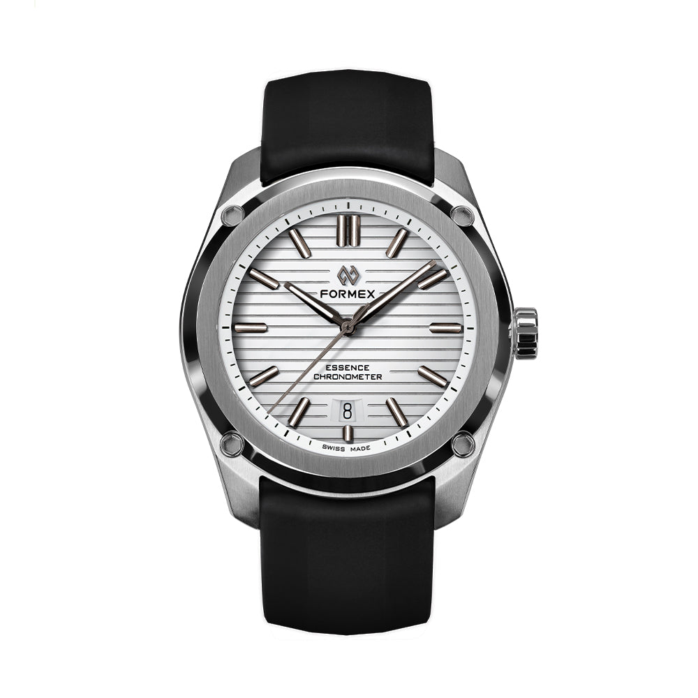 Essence 41mm watch with white dial and black silicone strap