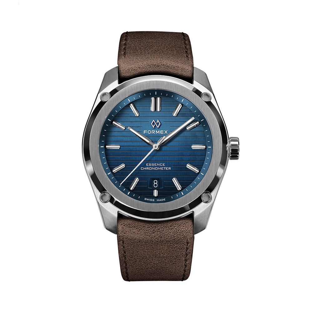 Essence 41mm blue dial watch with brown leather strap
