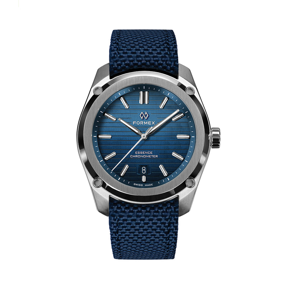 Essence 41mm blue dial watch with blue textured fabric strap and stainless steel case