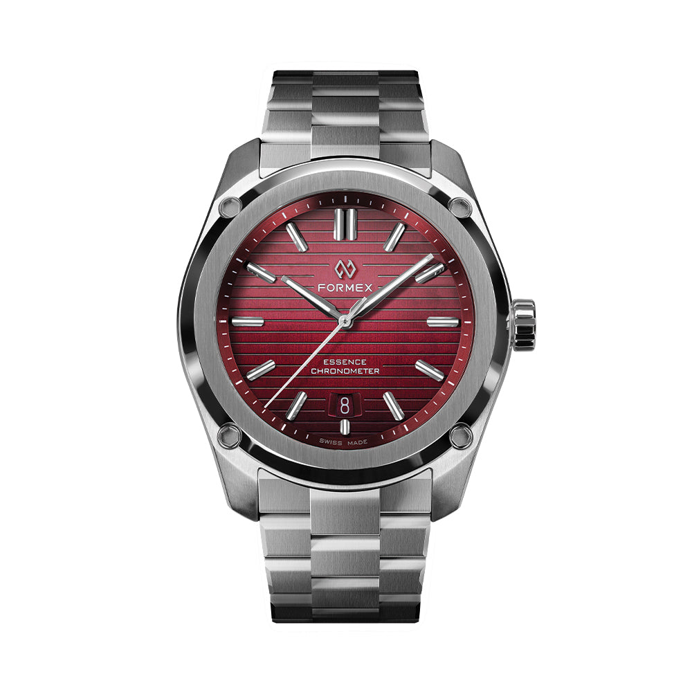Essence 41mm watch with red dial and stainless steel bracelet
