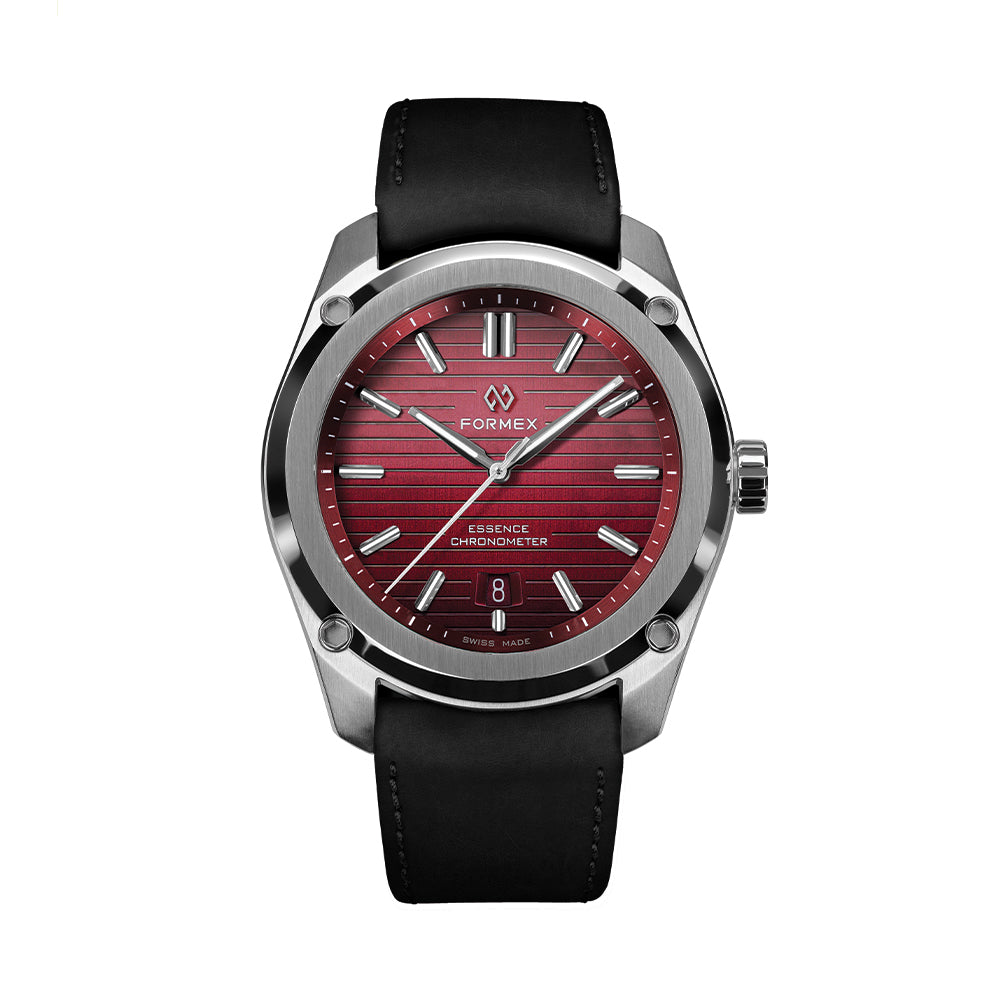 Formex Essence 41mm Gamaret Red watch with black leather strap and stainless steel case