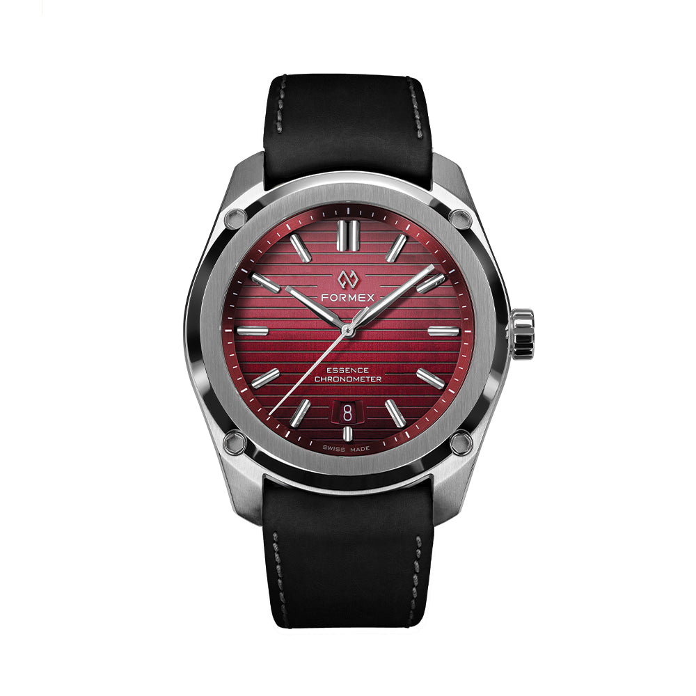 Formex Essence 41mm Gamaret Red watch with black leather strap and stainless steel case