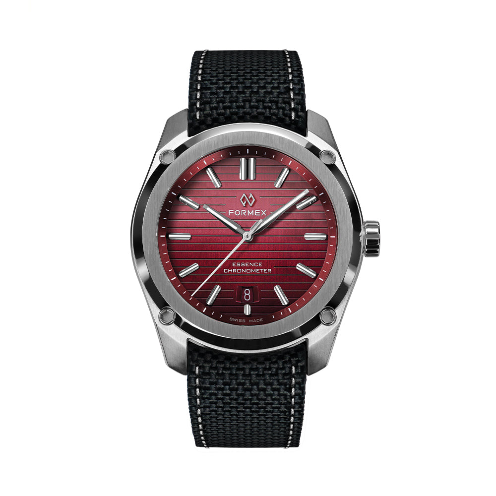 Formex Essence 41mm Gamaret Red watch with black fabric strap and white stitching