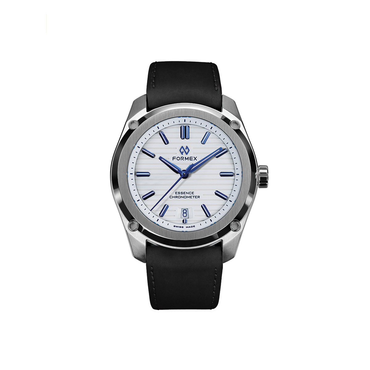 Essence Automatic COSC 39mm watch with Alpine White dial and blue indices on a black leather strap