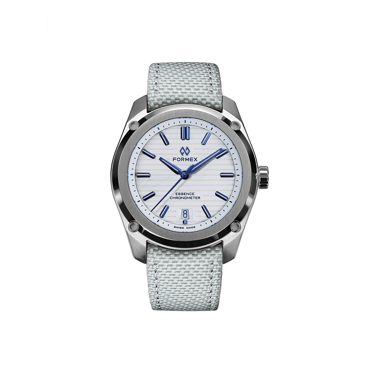Formex Essence Automatic COSC 39mm Alpine White watch with light blue fabric strap.