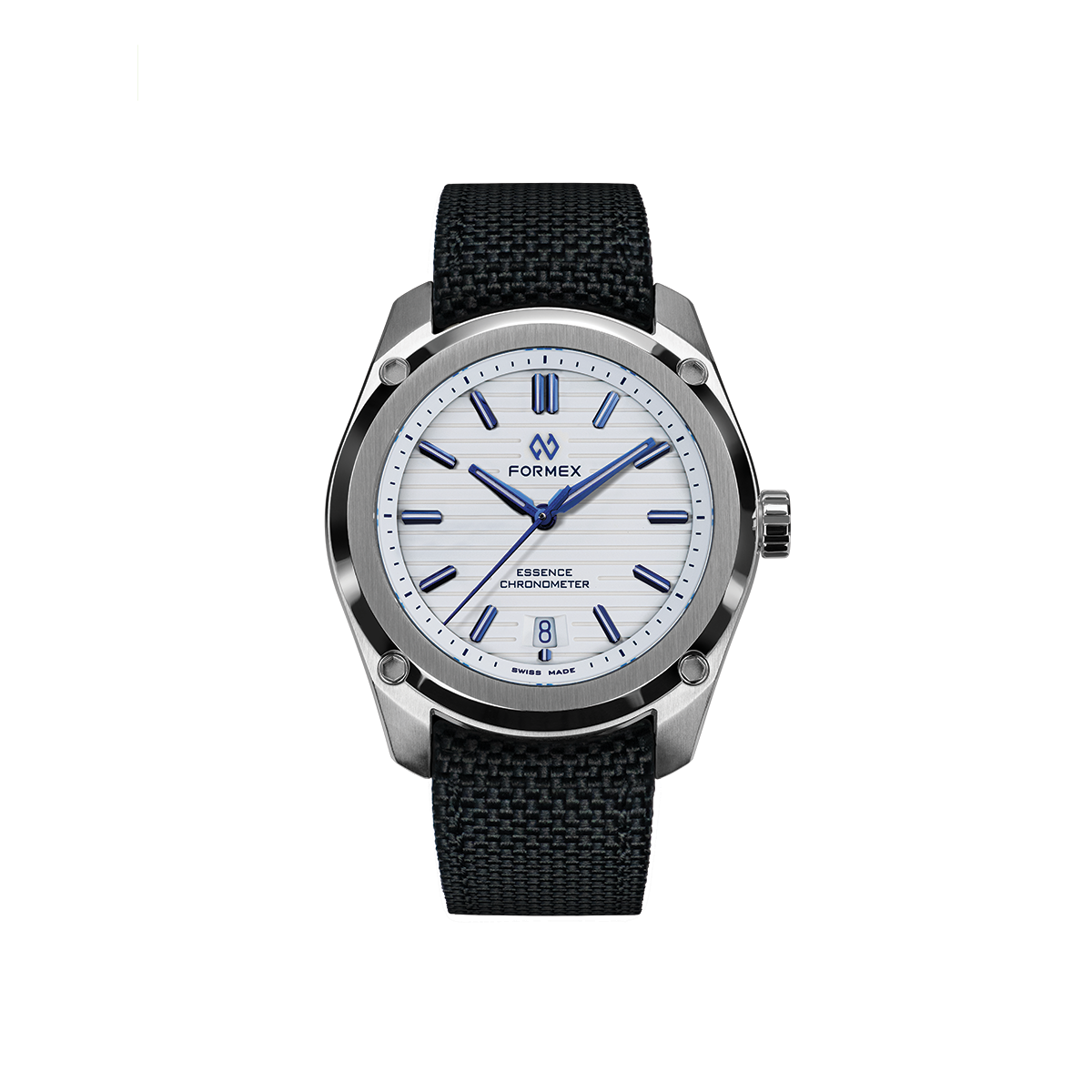 Essence Automatic COSC 39mm Alpine White watch with a black woven strap and copper stitching.