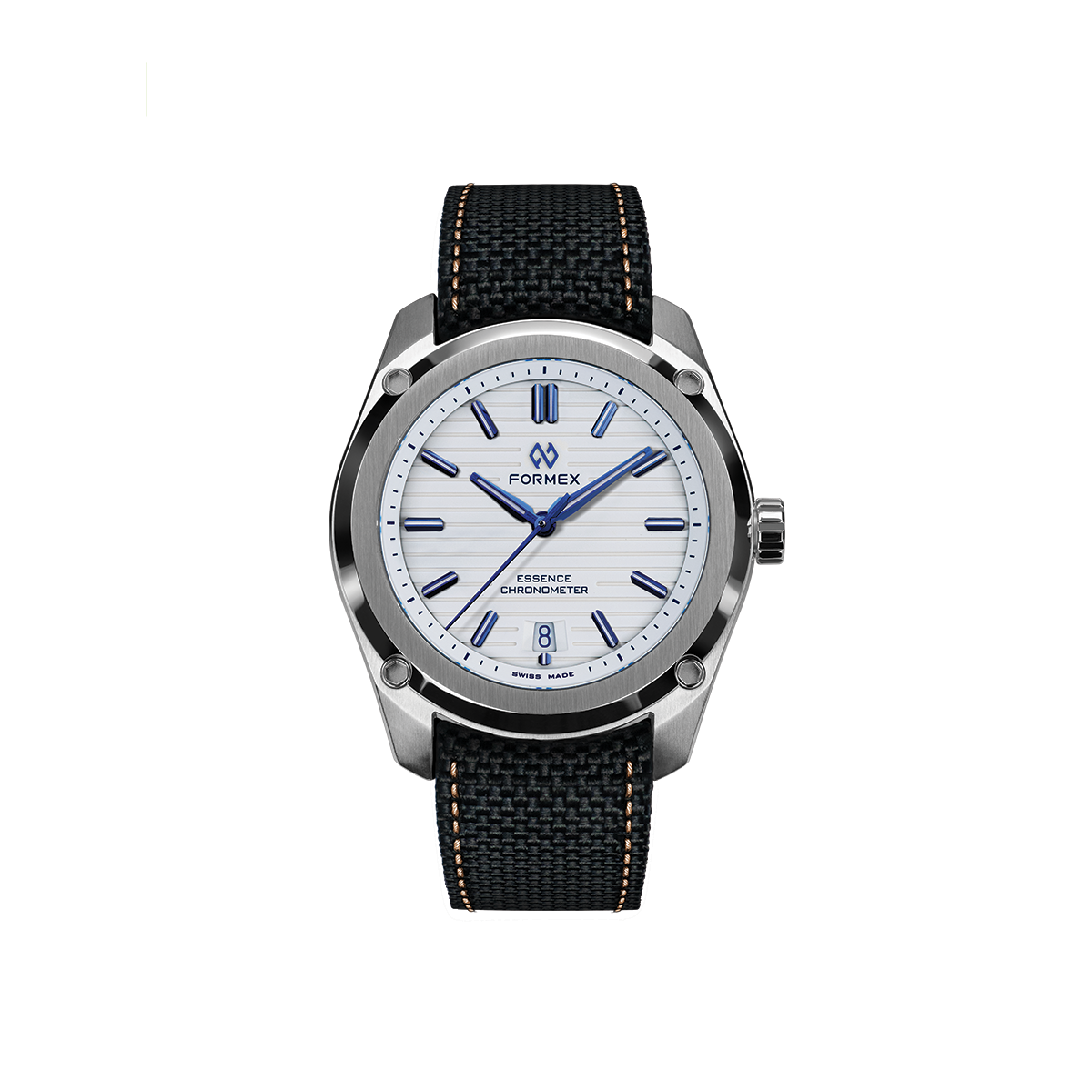 Essence Automatic COSC 39mm Alpine White watch with a black woven strap and copper stitching.