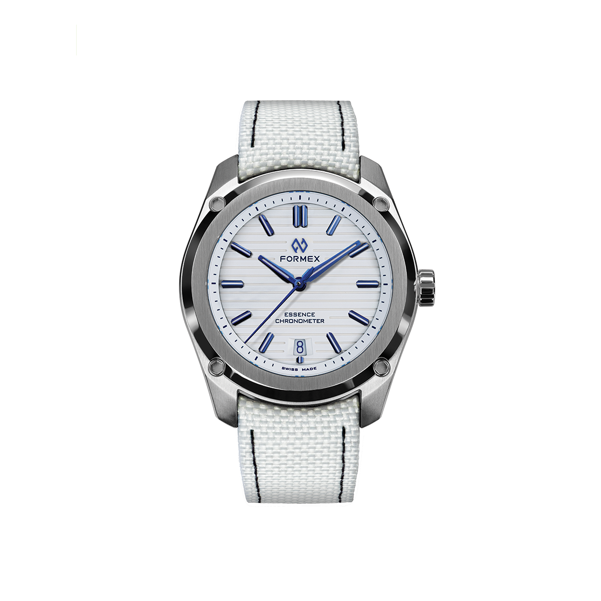 Formex Essence Automatic COSC 39mm stainless steel watch with a white dial and white woven strap.