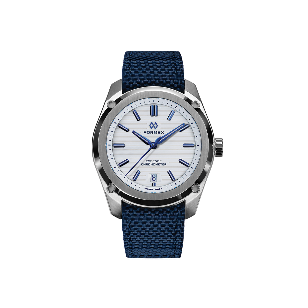 Formex Essence Automatic COSC 39mm stainless steel watch with a white dial and blue woven strap.