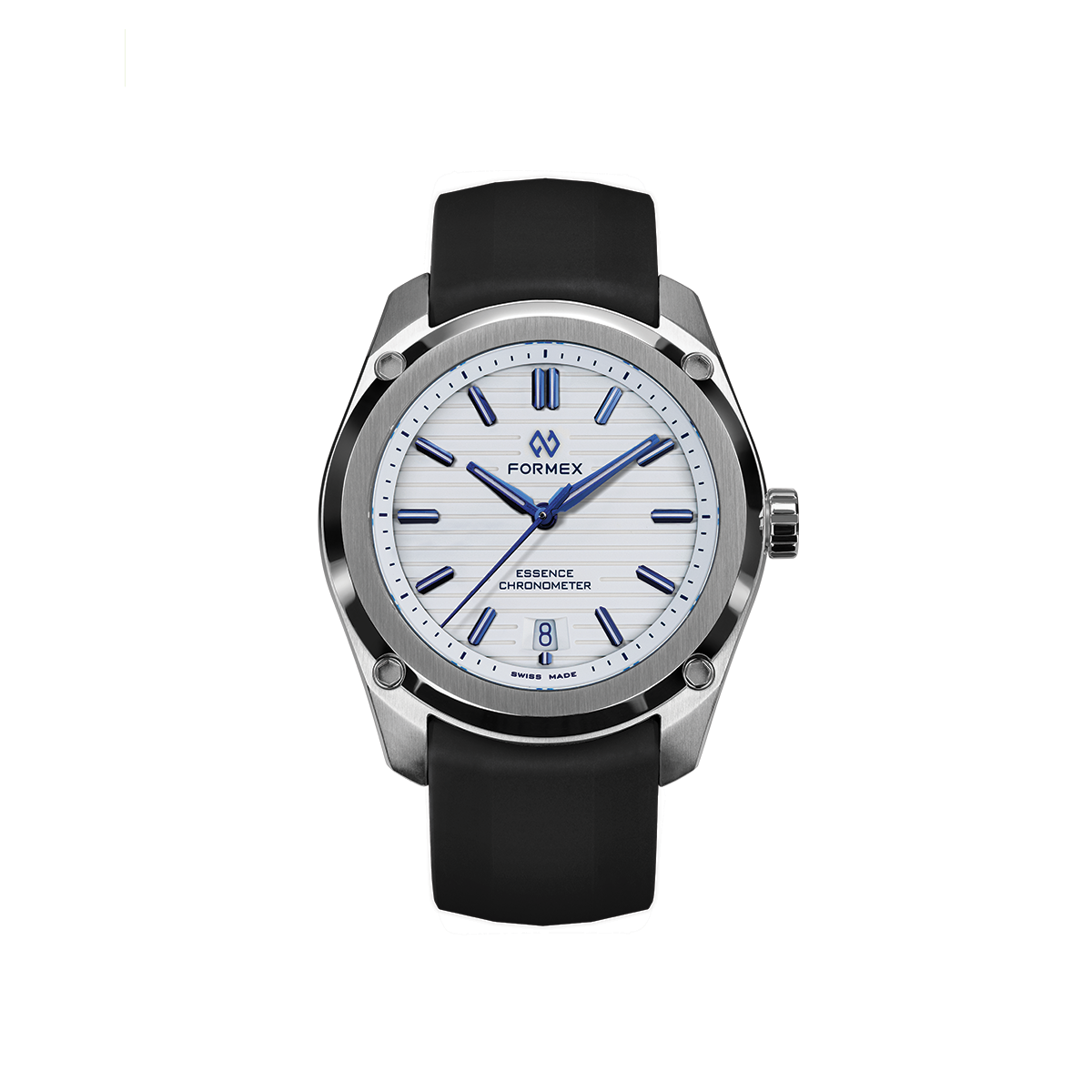 Essence Automatic COSC 39mm Alpine White watch with white striped dial blue indices and a black strap