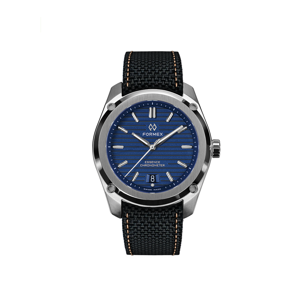 Formex Essence Automatic COSC 39mm blue dial watch with black fabric strap and orange stitching
