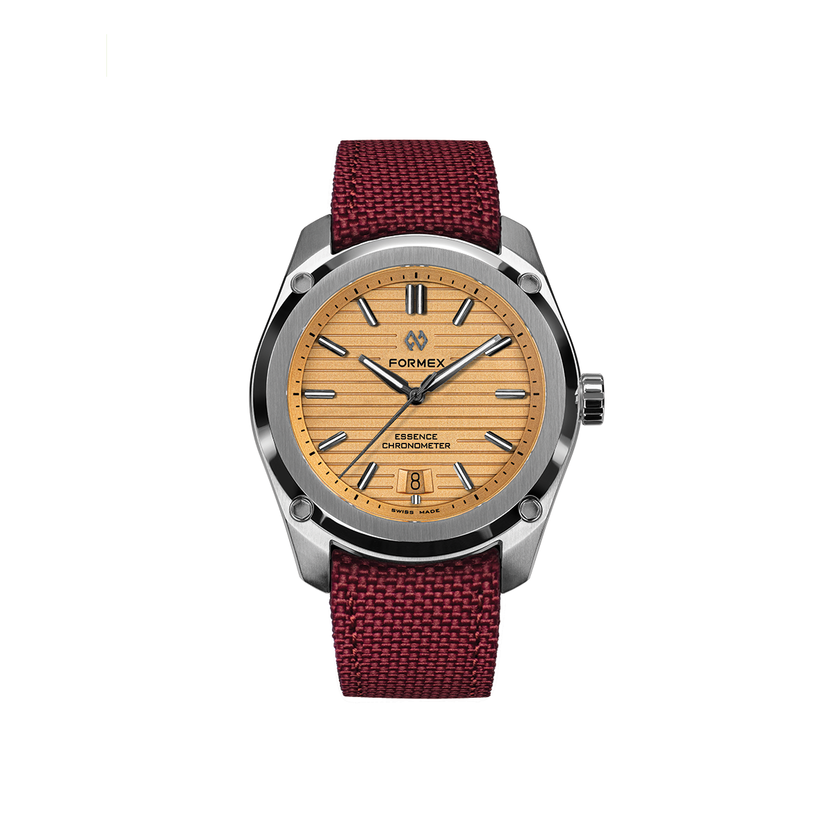 Essence Automatic COSC 39mm Radiant Bronze watch with a burgundy fabric strap