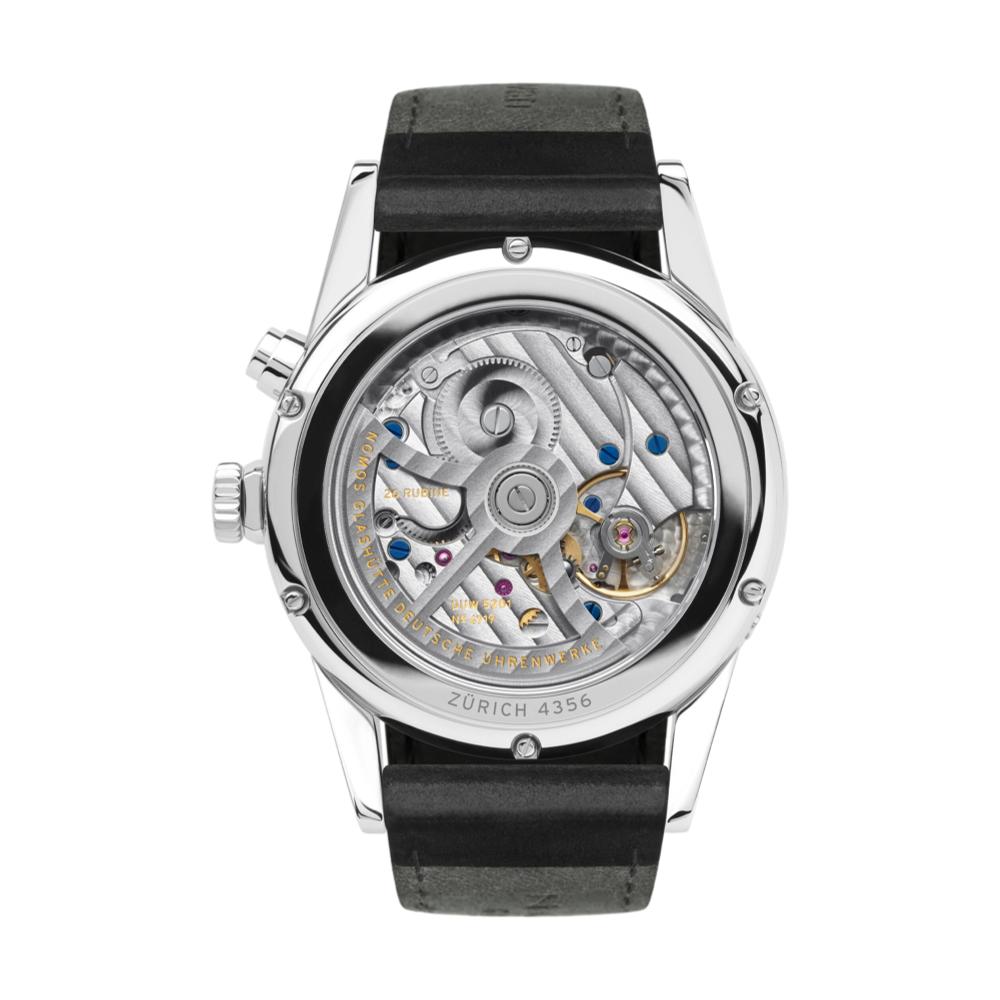 Zürich World Time White wristwatch with transparent case back showing the movement and a black leather strap