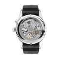 Zürich World Time White wristwatch with transparent case back showing the movement and a black leather strap