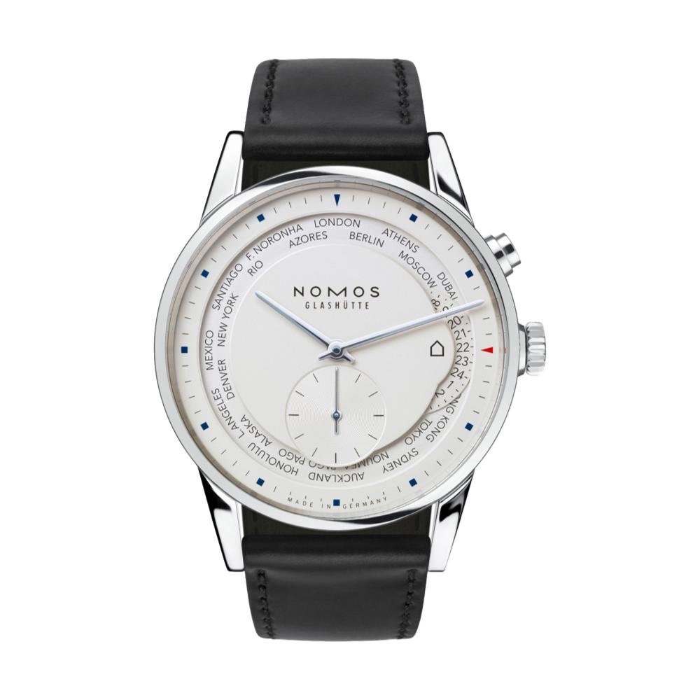 Nomos Glashütte Zurich World Time White watch with silver case and black leather strap