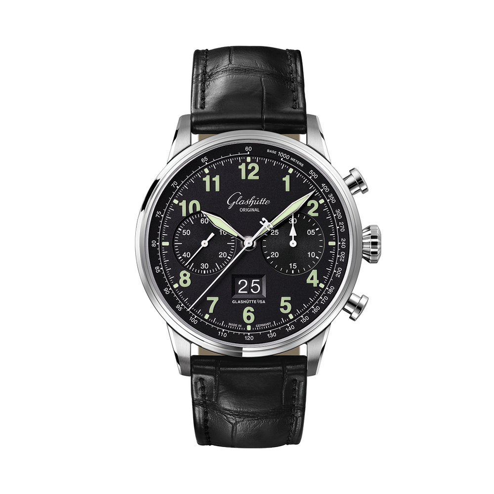 Senator Chronograph Navigator 41mm - Black Lacquer on Leather Strap