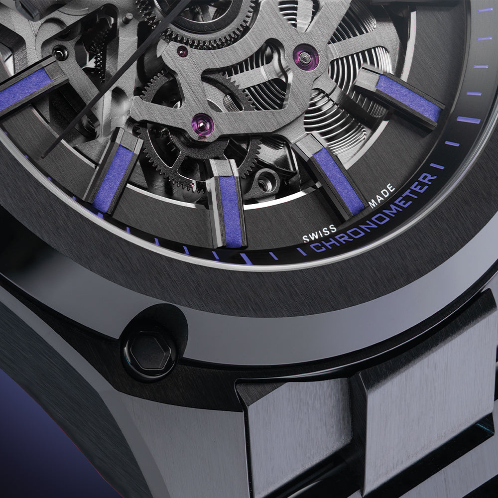 Essence Ceramica Skeleton COSC 41mm - Black and Stradale Viola on Bracelet