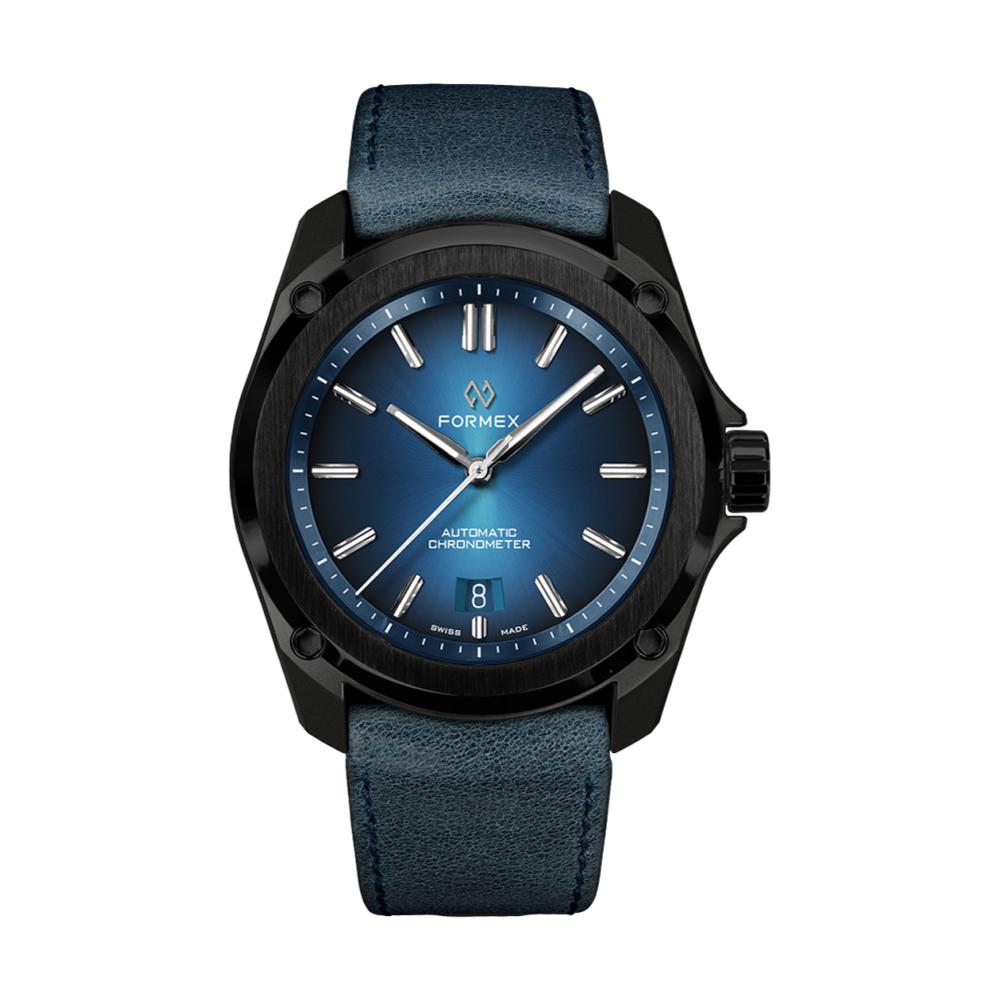 Formex Essence Leggera Electric Blue 41mm automatic chronometer with blue sunburst dial and blue leather strap