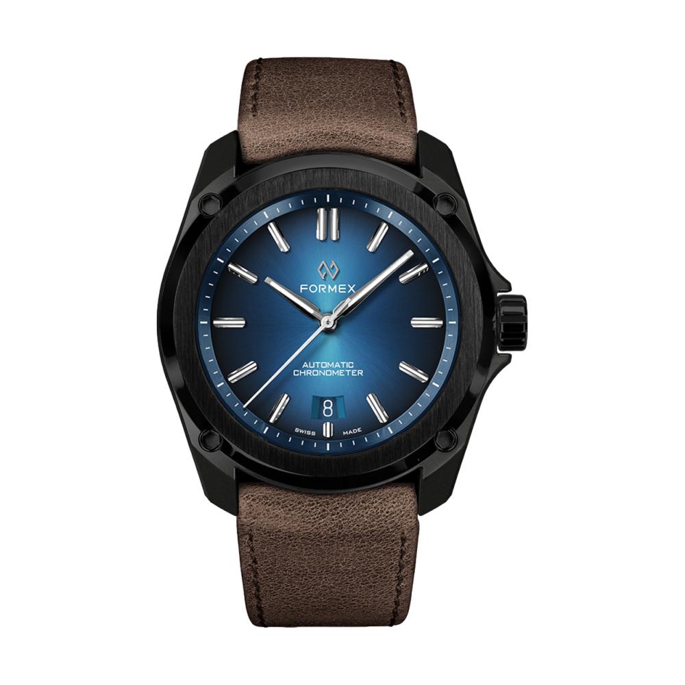 Front view of Formex Essence Leggera 41mm automatic chronometer with electric blue dial and black case on brown leather strap