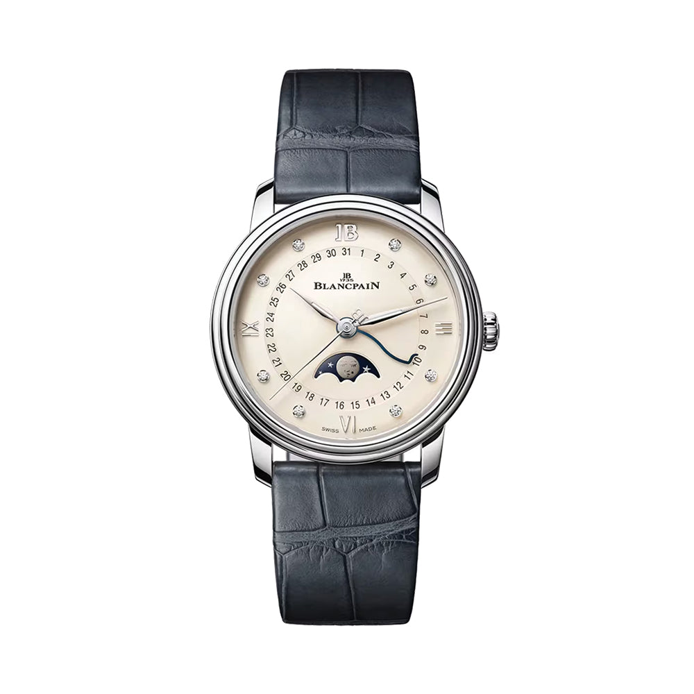 Villeret Moonphase 33.2mm - Opaline w/ Diamonds on Leather Strap