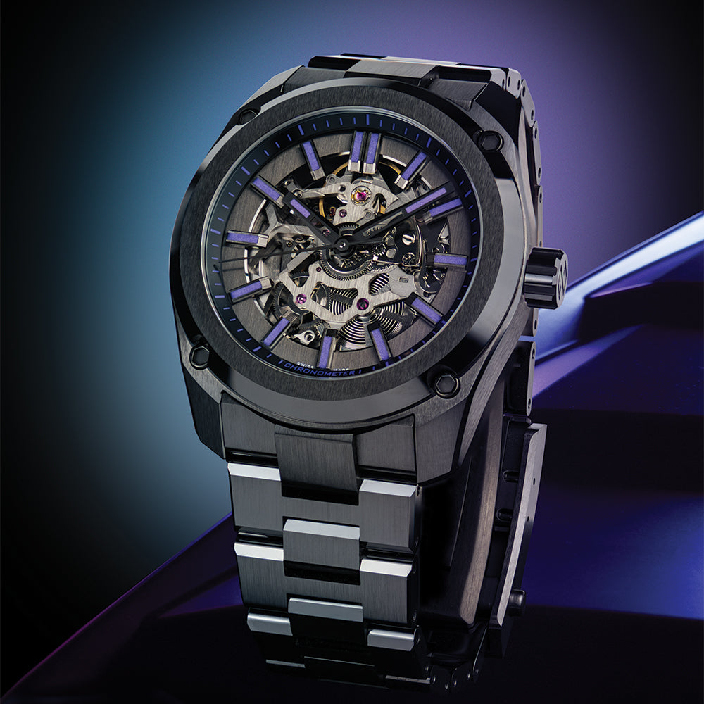 Essence Ceramica Skeleton COSC 41mm - Black and Stradale Viola on Bracelet