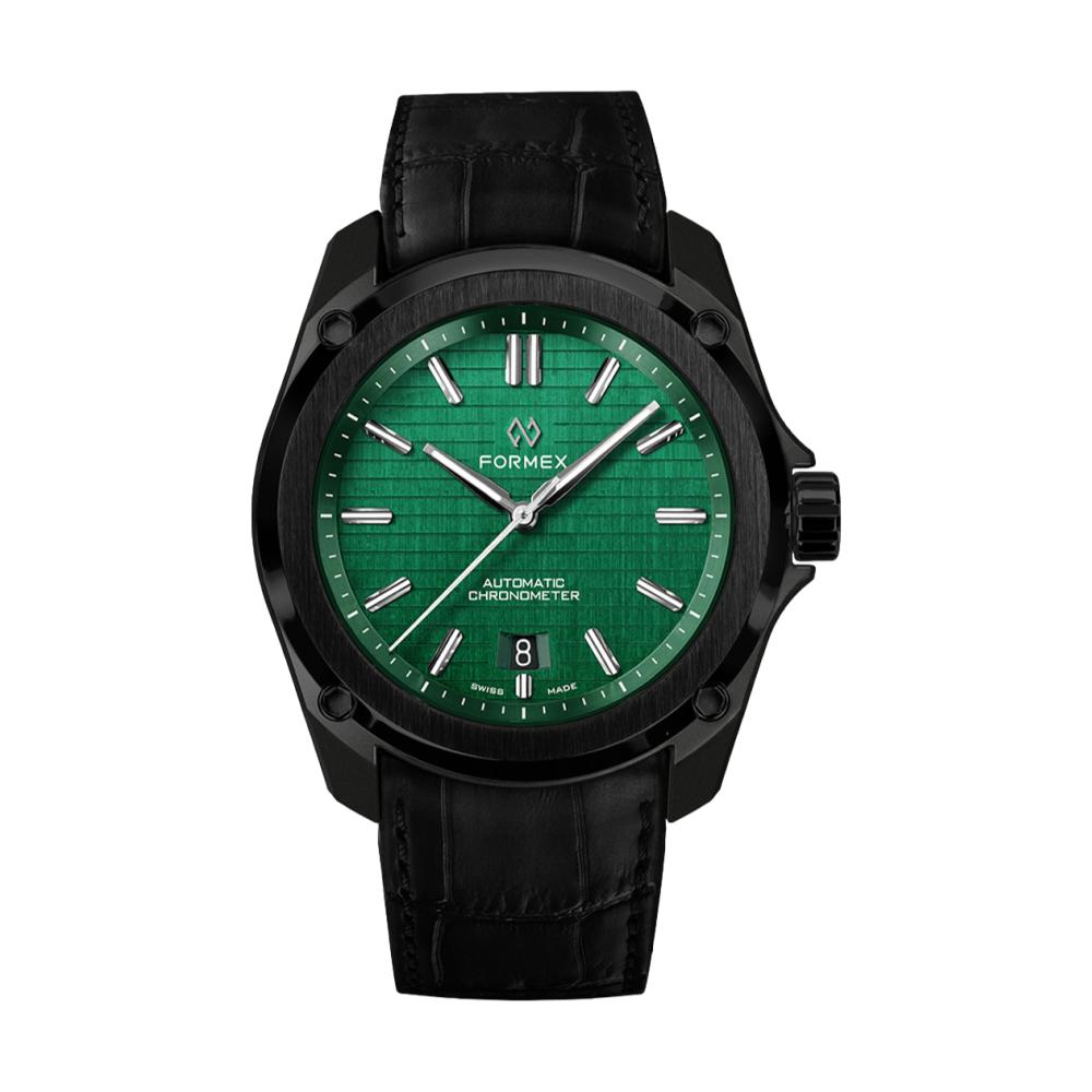 Formex Essence Leggera green dial chronometer with black case and black leather strap.