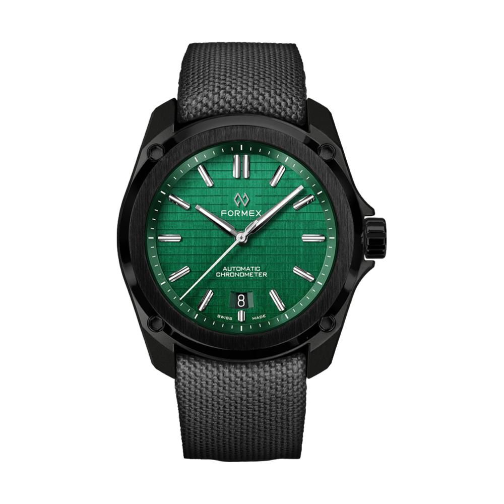 Formex Essence Leggera green dial chronometer on gray fabric strap.