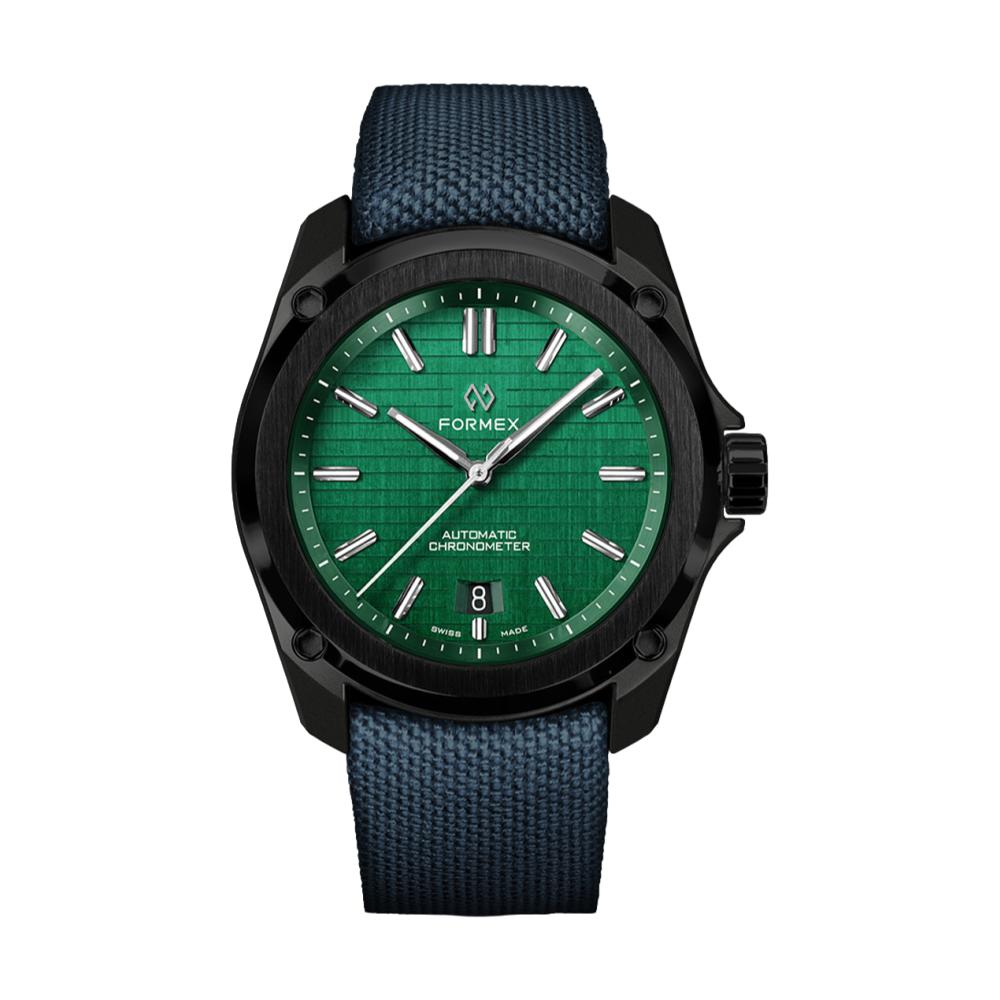 Essence Leggera green dial automatic chronometer with black case and blue textured fabric strap