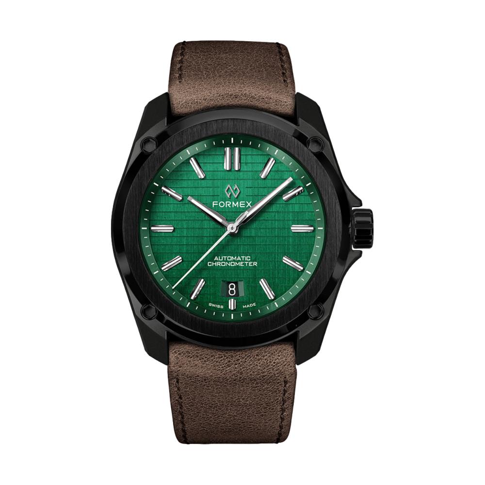 Formex Essence Leggera green dial chronometer on brown leather strap.