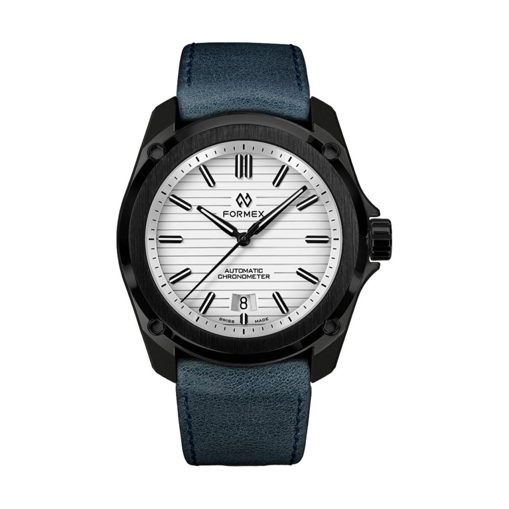 Formex Essence Leggera 41mm Artic White automatic chronometer with white dial and blue leather strap