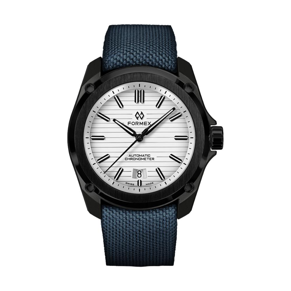 Formex Essence Leggera 41mm Artic White automatic chronometer with white dial and blue woven strap