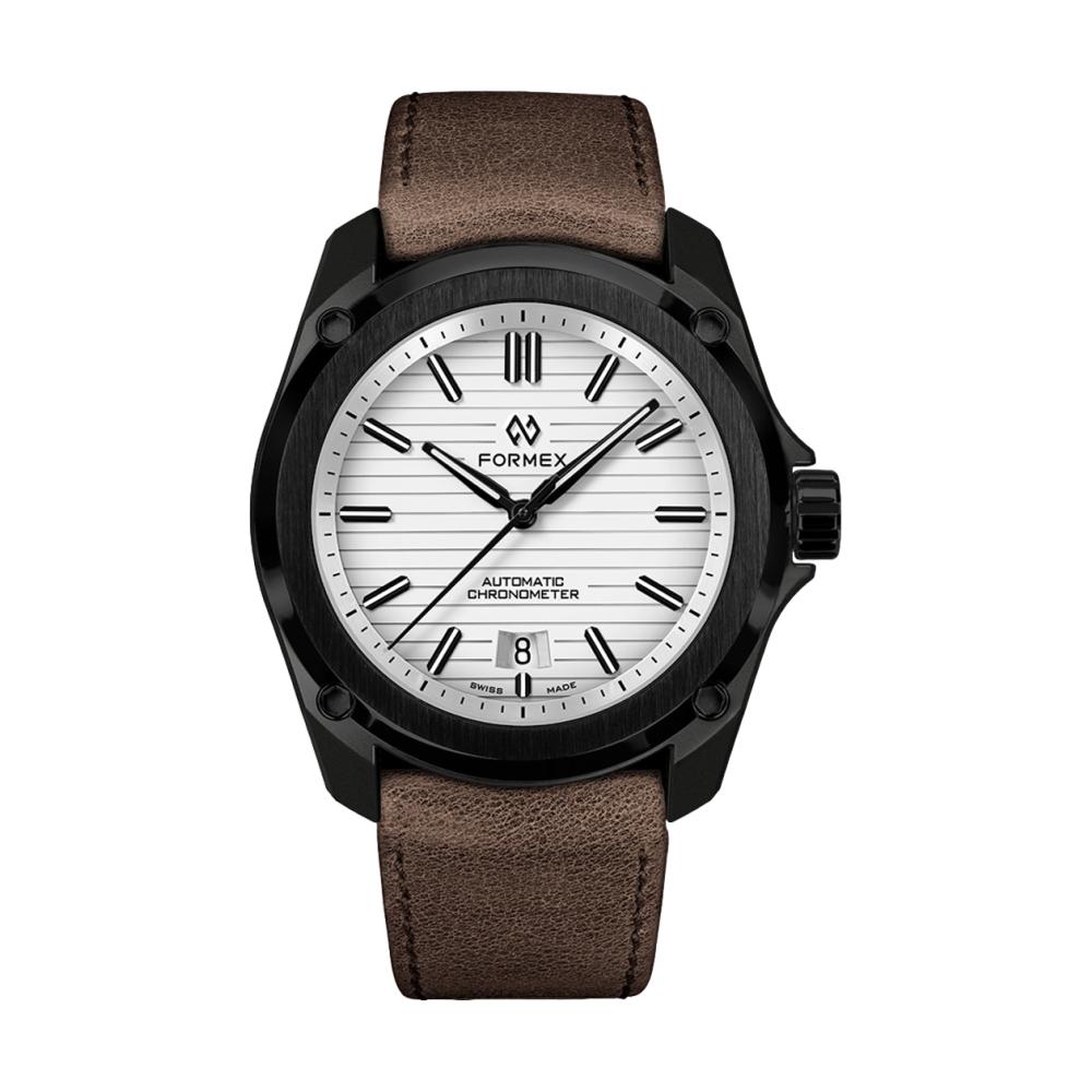 Formex Essence Leggera 41mm Artic White automatic chronometer with a black case and brown leather strap