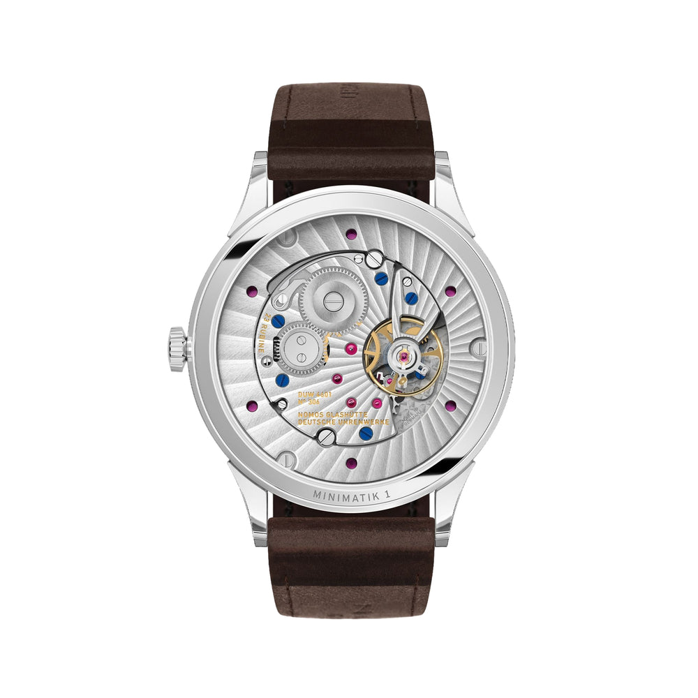 Minimatik Date Gold Hands 39mm - White Silver-Plated on Leather Strap