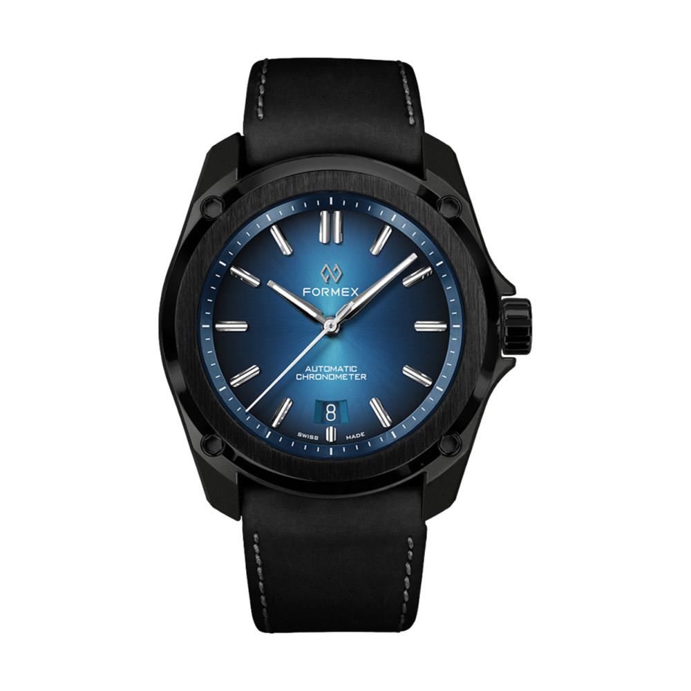 Angled view of Formex Essence Leggera 41mm automatic chronometer with electric blue dial and black case on black leather strap