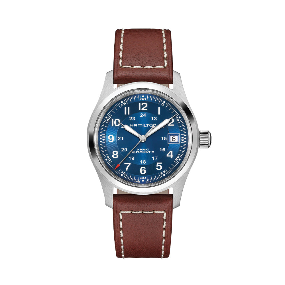 Khaki Field Auto Date 42mm - Blue on Leather Strap