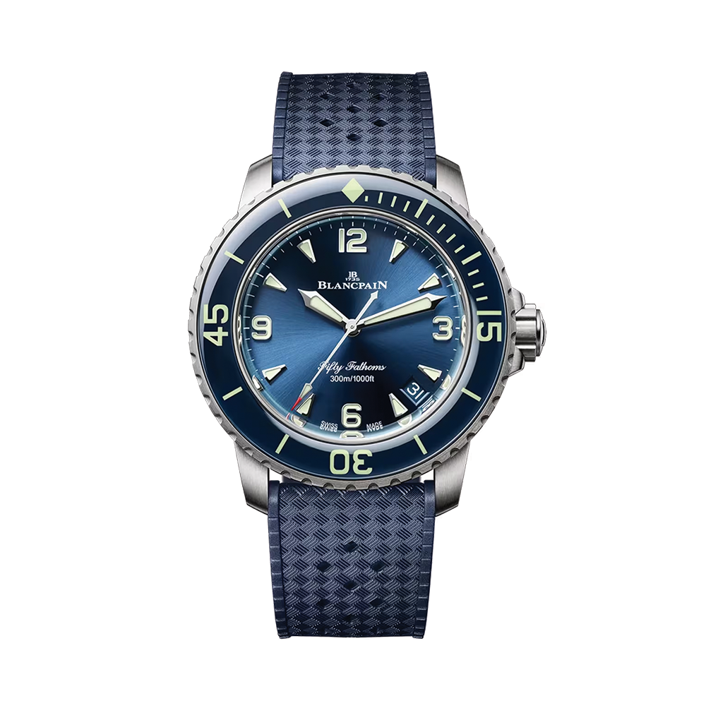 Fifty Fathoms Brushed Titanium 42.3mm - Blue on Rubber Strap