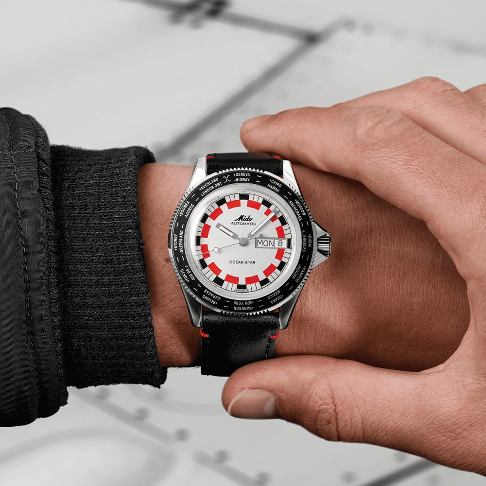 Ocean Star Worldtimer 40.5mm - Silver on Leather Strap