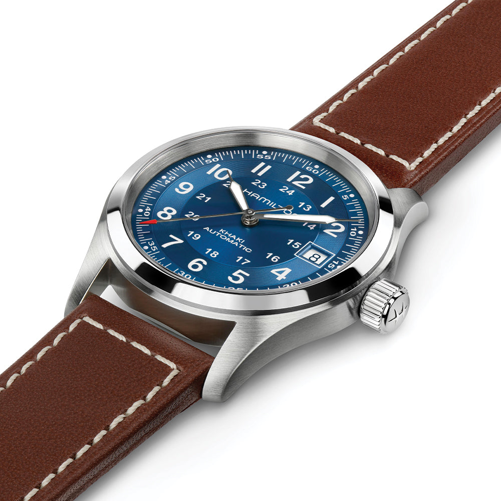 Khaki Field Auto Date 42mm - Blue on Leather Strap