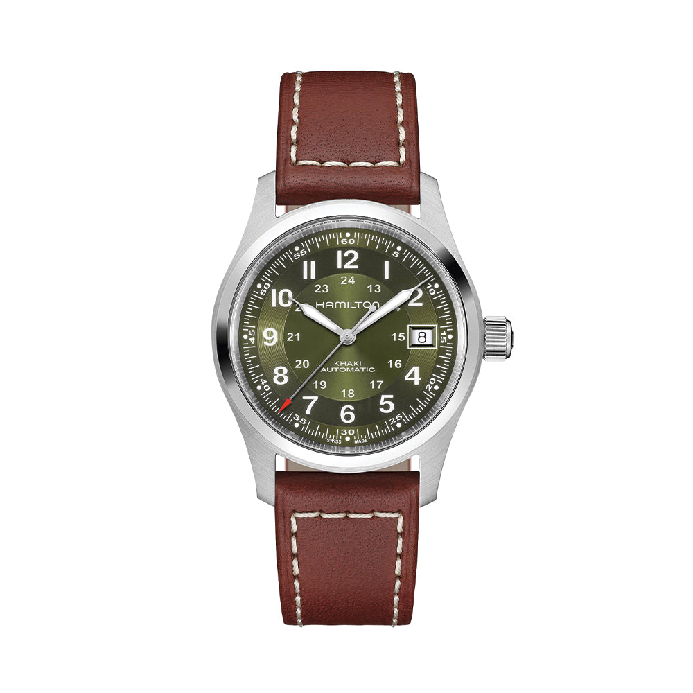 Khaki Field Auto Date 42mm - Green on Leather Strap