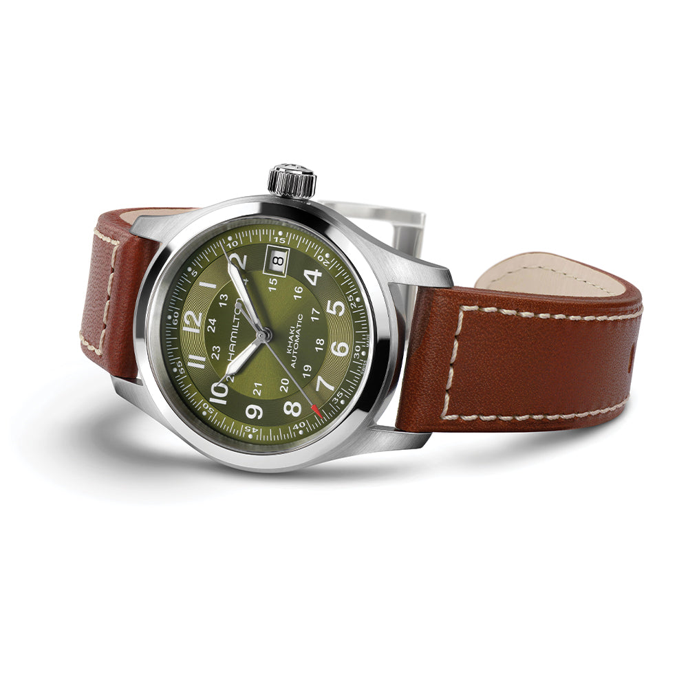 Khaki Field Auto Date 42mm - Green on Leather Strap