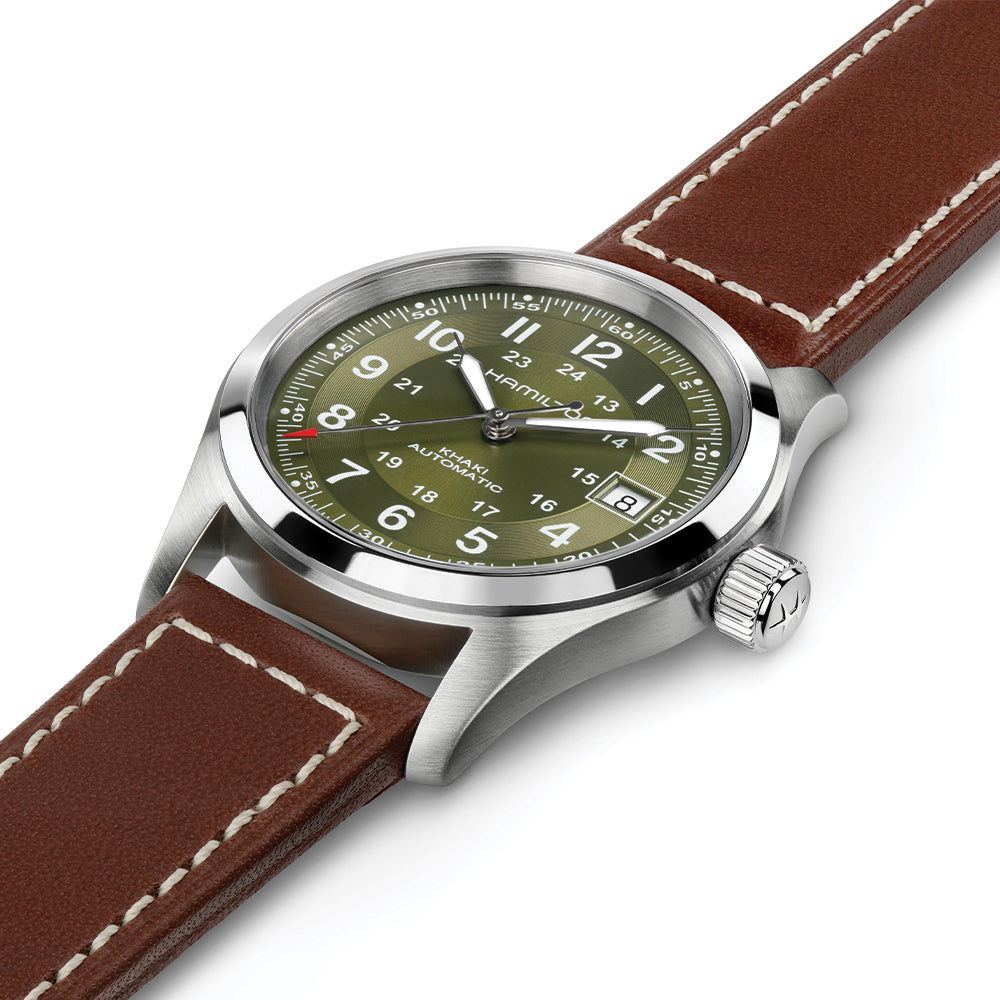 Khaki Field Auto Date 42mm - Green on Leather Strap