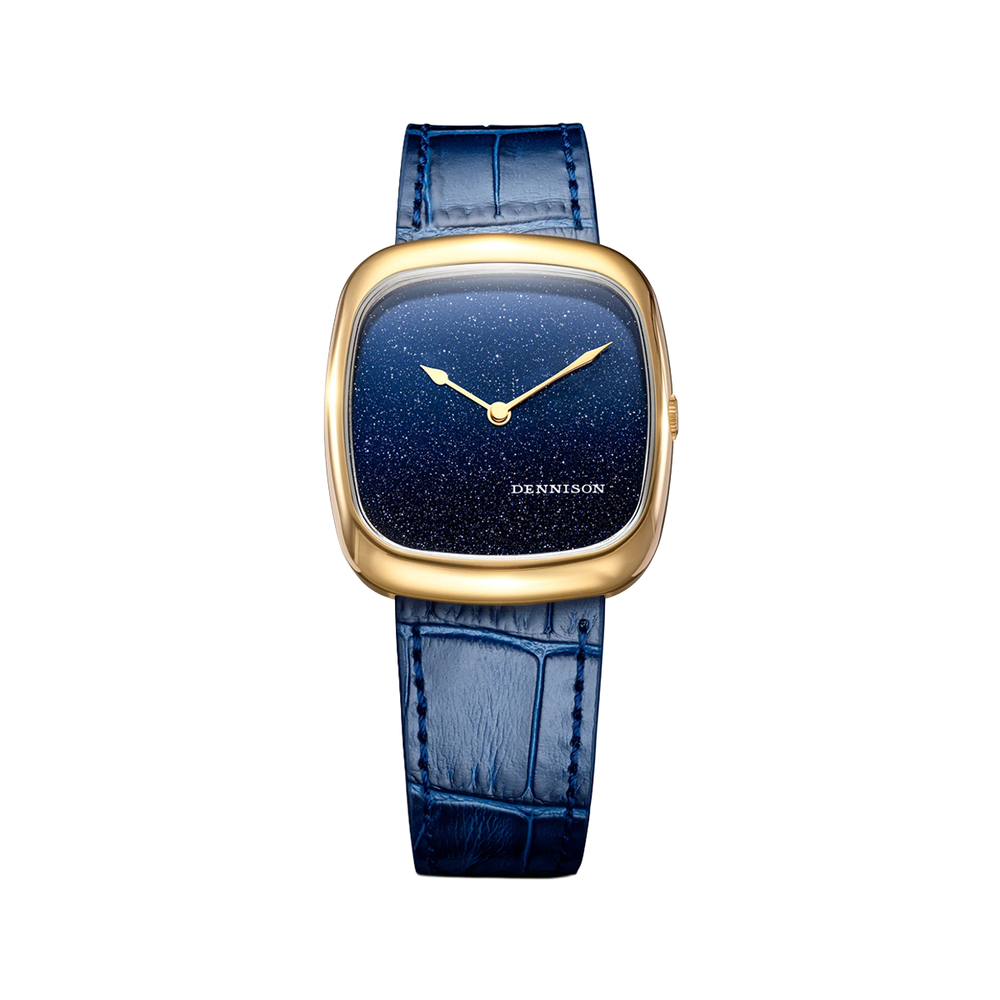 Gold time only watch with midnight blue aventurine dial and blue leather strap
