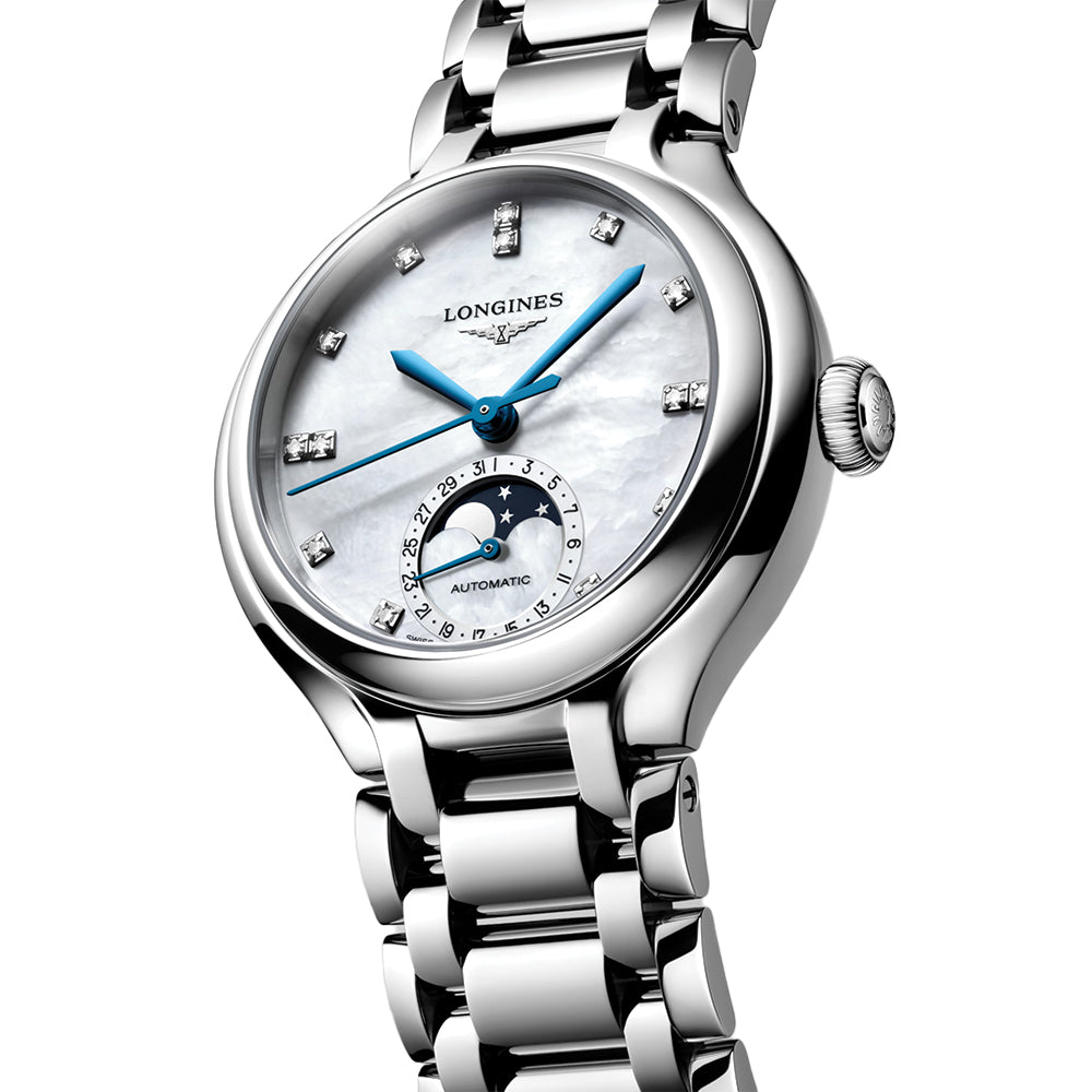 PrimaLuna Moonphase 34mm - White, Mother-of-Pearl w/ Diamonds on Bracelet