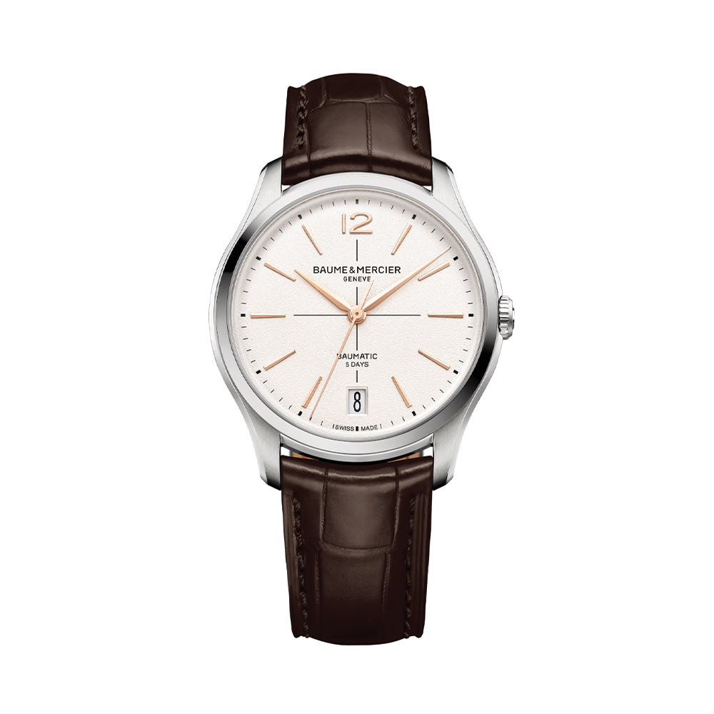 Clifton Round Baumatic 39mm - White on Leather Strap
