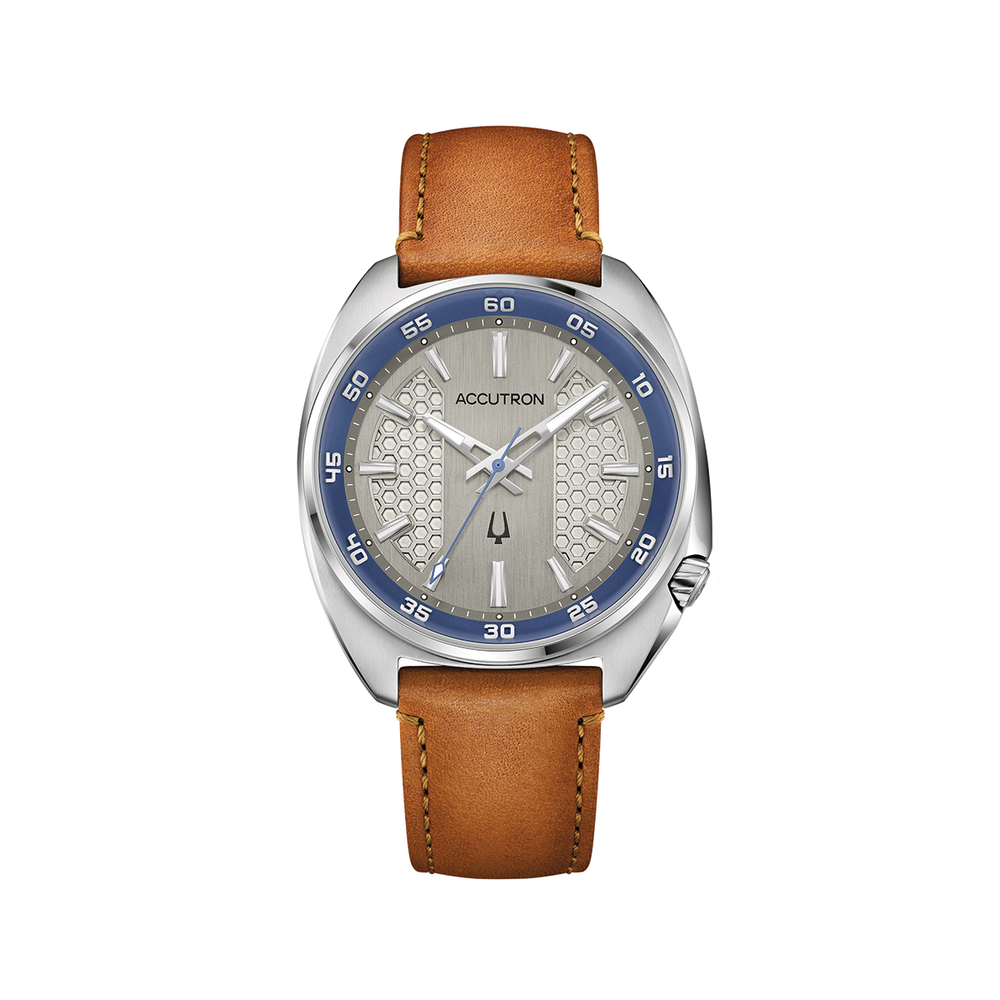 Elevation 39mm watch with grey dial on tan leather strap.