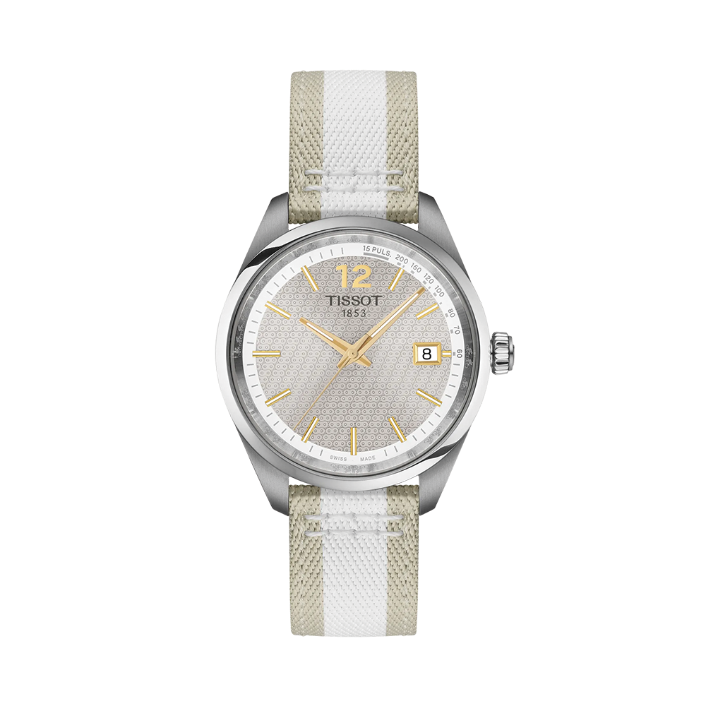 Front view of Tissot PR 100 Cycling 34mm watch with grey dial gold hands and striped beige fabric strap